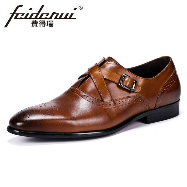 

new summer designer genuine leather men's footwear round toe buckle straps breathable formal dress brogue shoes for man asd14, Black
