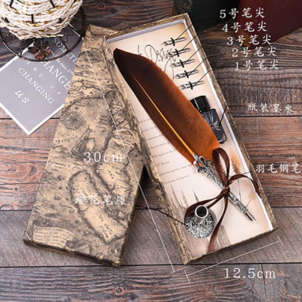 

1pcs calligraphy feather dip pen writing ink set stationery gift box with 5 nib wedding gift quill pen fountain fountain
