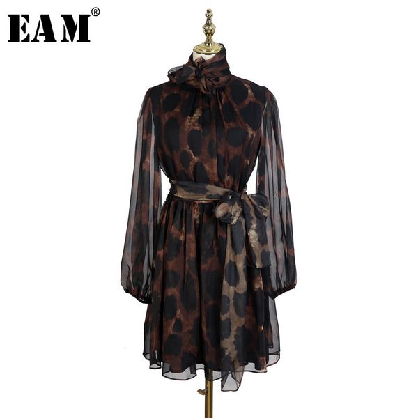 

eam] 2020 new autumn winter stand collar bandage bow long sleeve leopard printed perspective dress women fashion tide jl488, Black;pink