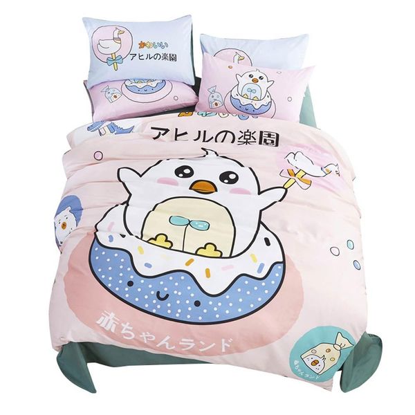 

pink cartoon cake donuts duvet cover set flat fitted sheet cotton bedlinens hypoallergenic twin  size bedding set