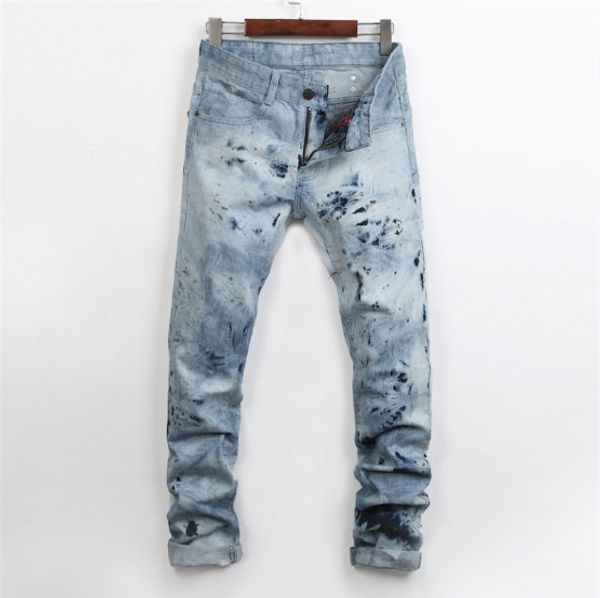 

mens jeans high street snowflake straight slim pants slim feet jeans color blue asian size 29-34
