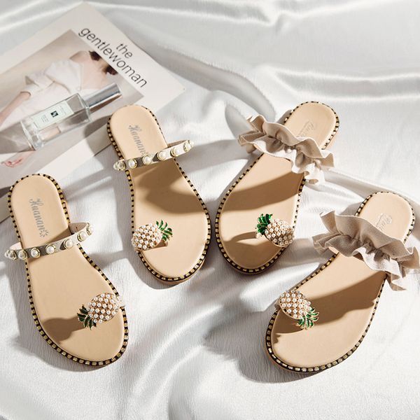 

summer new pineapple sandals and slippers korean fashion students pearl women' shoes explosion outer wear slippers for women, Black;grey