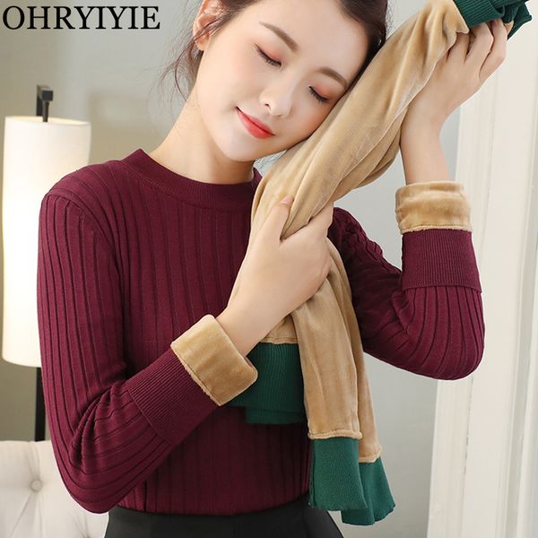 

ohryiyie thick warm fleece sweaters women pullovers winter velvet liner knitted pullover female o neck long sleeve pull femme, White;black