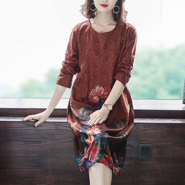 

autumn new long-sleeved print loose fashion warm long sleeve women's dress large size l-4xl elegant party vestidos, Black;gray