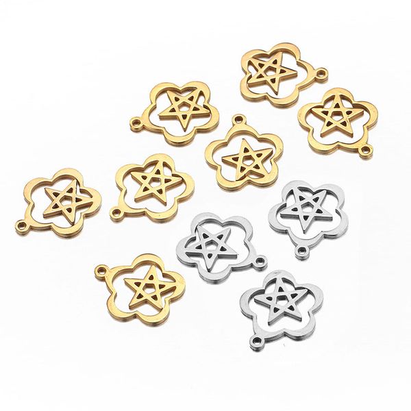

10pcs/lot pentagram charms stainless steel star flower pendants charms fit bracelets necklace pendants jewelry accessories, Bronze;silver