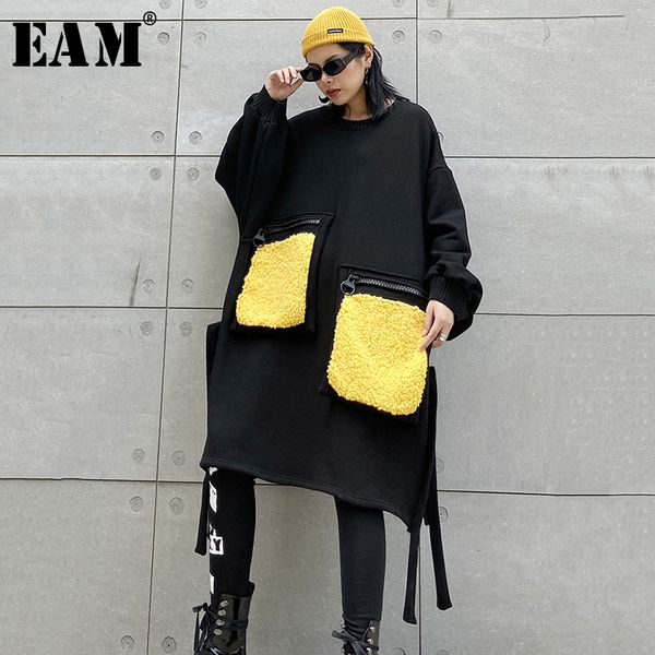 

eam] long big size pocket split loose fit sweatshirt new round neck long sleeve women big size fashion autumn winter 2019 1m643, Black