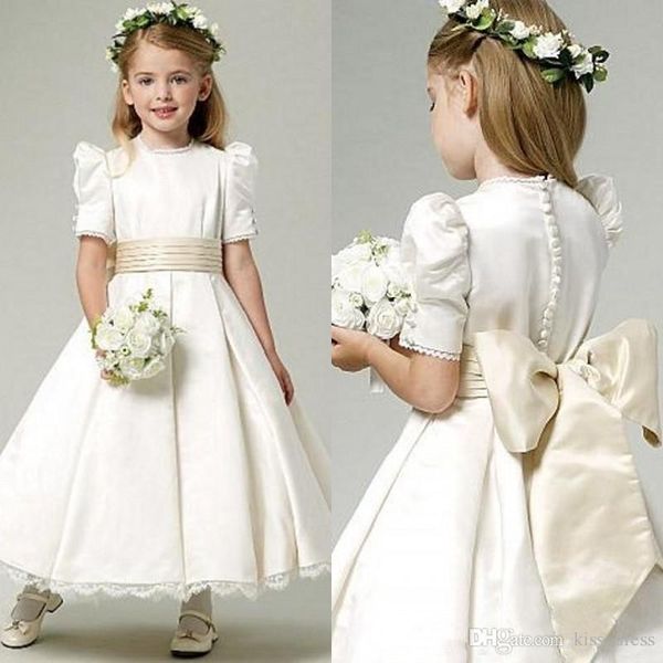 

ivory satin flower girl dresses selling matched bow sash half sleeve a-line ankle length kids first communion birthday party gowns, White;blue