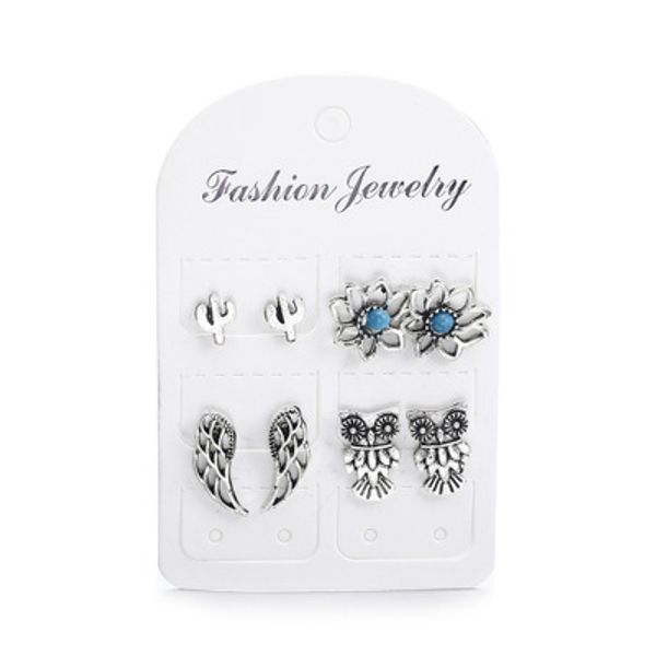 

4 pairs/set bijoux owl wings lotus cactus stud earrings set for woman boucle d'oreille jewelry dazzling party gift e2645, Golden;silver