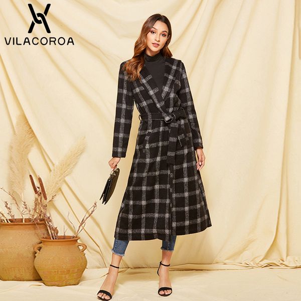 

plaid hooded v-neck belt long sleeve open stitch long woolen coat 2019 autumn new outwear women streetwear casual women coat, Black