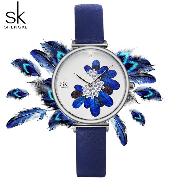 

shengke women watches brand luxury leather strap wristwatch for women blue feather clock stylish quartz ladies watch, Slivery;brown