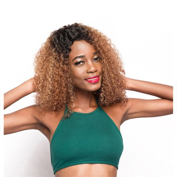 

ombre brown color afro kinky curly human hair wigs zxtress brazilian u part lace wig for black women 100% remy short hair wig