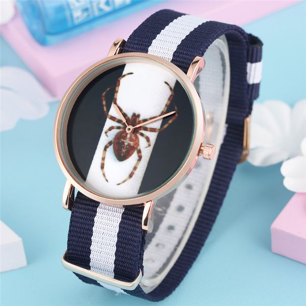 

modern spider pattern dial canvas watch for women rose gold alloy case casual quartz analog wristwatch girl's bracelet nylon strap watc, Slivery;brown