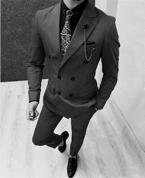 

handsome double-breasted groomsmen peak lapel groom tuxedos mens wedding dress man jacket blazer prom dinner suits (jacket+pants+tie) w81, Black;gray