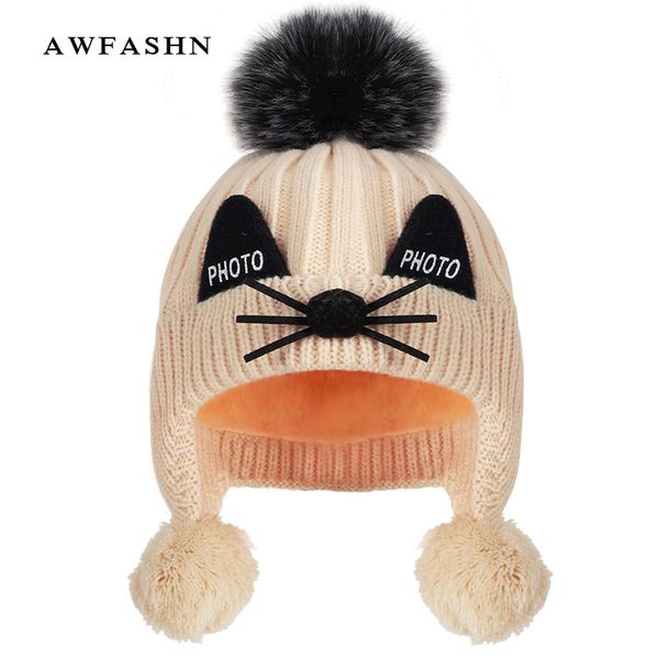 

2019 новых детских зима защита слуха вязаной шапочка мальчик девочка cute cat pompom шапочка дети детского теплый плюс velvet толстые soft c, Yellow