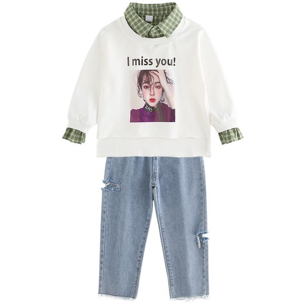 

new spring and autumn children's suit girl's priting casual 2-piece suit for age 4-12y, White