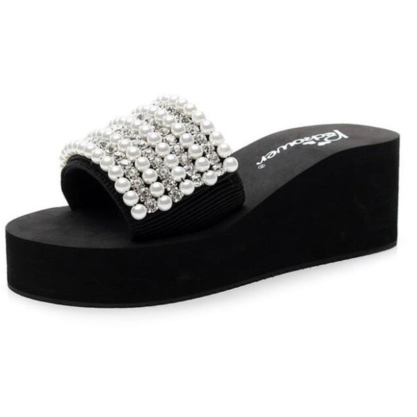 

new summer pearls slides women sandals heel slippers sandal handmade bohemia crystal female outdoor shoes slippers woman sh63, Black