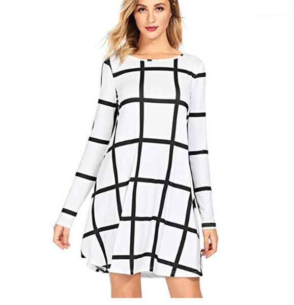 

crew neck long sleeve a line dresses plaid print loose womens designer dresses, Black;gray