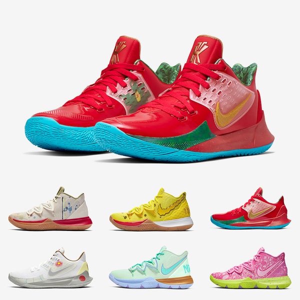 

with box sponge bob x kyrie irving 5 mens basketball shoes 5s athletic mr. krabs patrick squidward sandy cheeks star men sports sneakers, White;red