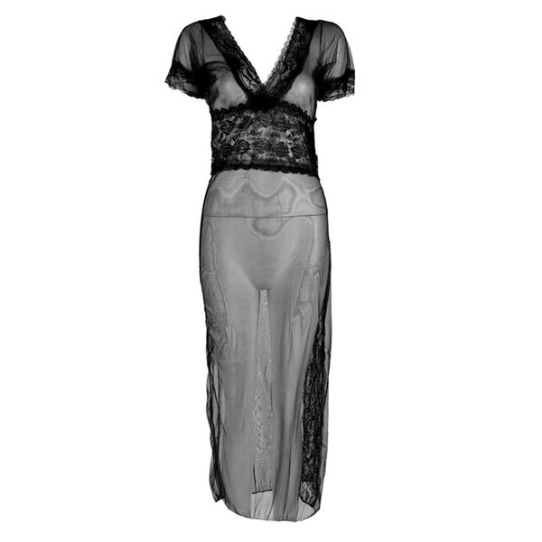 

women long dressing night sheer dress nightgown sleepwear lingerie +thong sleep, Black;red
