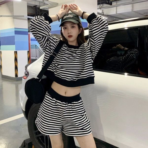 

recreational easing round collar stripe bowei clothes high waist wide-legged pants suit pinstripe suit female, White
