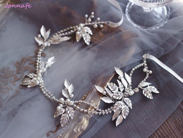 

jonnafe bridal silver leaf tiara headband rhinestone wedding hair vine accessories women pearl hair piece jewelry crown, Golden;white
