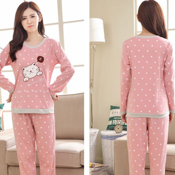 

2018 new women pajamas set autumn ladies cute cartoon print sleepwear woman's long sleeved household clothing set, Blue;gray