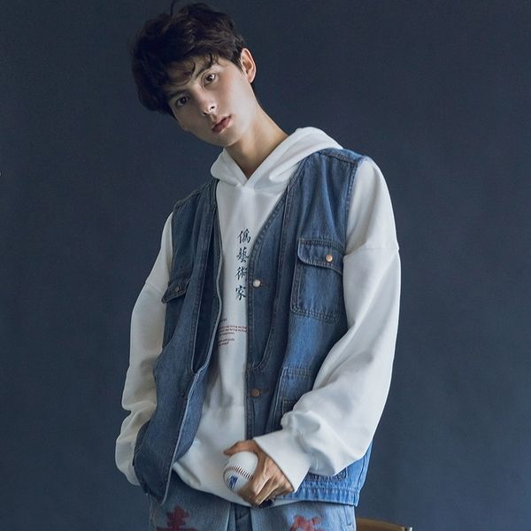 

2019 new men's denim vest casual sleeveless jacket cowboy vintage multi pockets jeans male denim waistcoat veste homme ds50417, Black;white