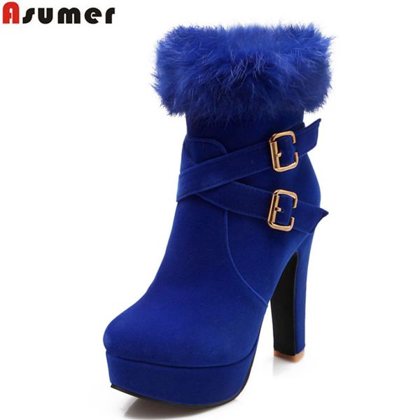 

asumer plus size 33 -43 2020 winter warm fashion ankle boots thick high heels round toe platform shoes black red women boots