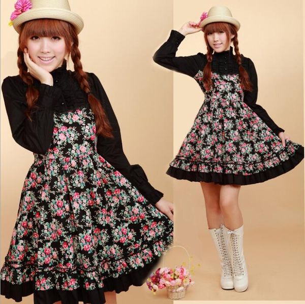 

japanese sweet lolita dress vintage stand falbala rural floral victorian dress kawaii girl gothic lolita op cosplay loli, Black;red