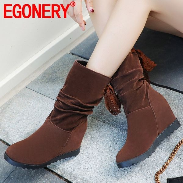 

egonery winter new casual flock mid calf boots outside super high heels round toe cross-tied plus size women shoes drop shipping, Black