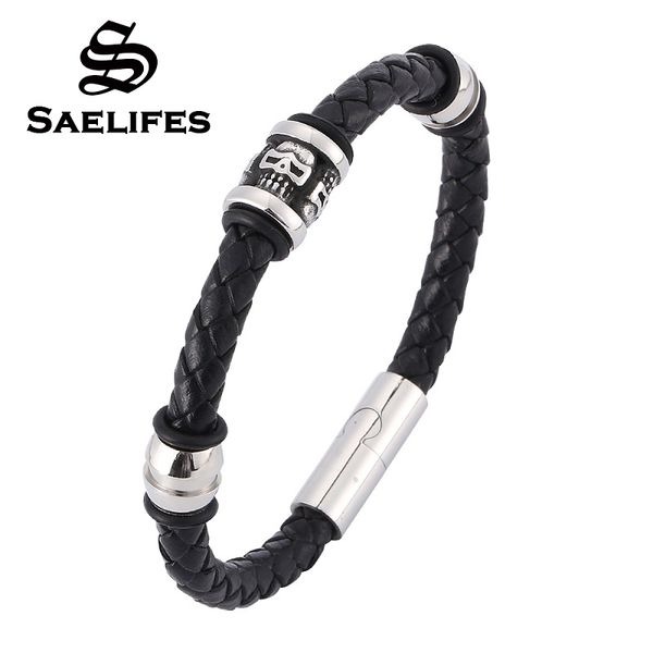 

personality magnetic clasp black leather braided bracelet jewelry punk skull beads stainless steel male wrist band gifts, Golden;silver