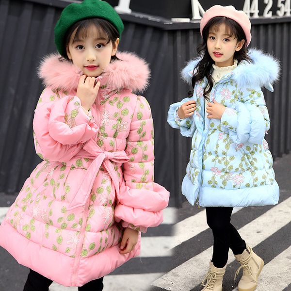 

children winter jacket 2019 girl cute hooded big fur cotton long down coat slim printing clothing kids windproof jacket clothes, Blue;gray