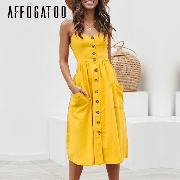 

affogatoo casual v neck button cotton women dresses 2019 summer spaghetti strap midi dress female holiday beach dress plus size, Black;pink