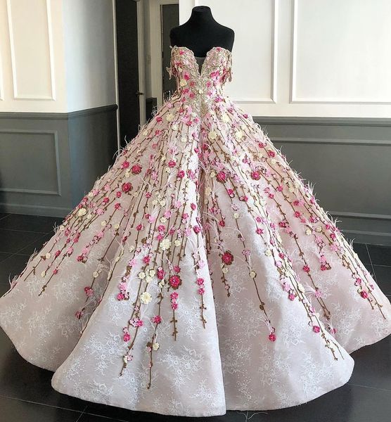 

elegant lace ball gown beaded prom dresses strapless neck 3d flowers appliqued evening gowns plus size floor length feathers formal dress, Black;red