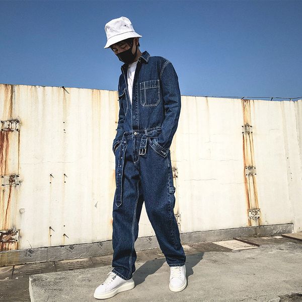 

новые мужской one piece denim гаремные комбинезон комбинезон мужчина vintage fashion streetwear hip hop повседневный длинный рукав комбинезо, Blue