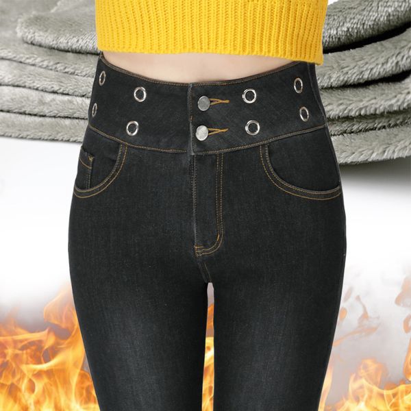 

candy color fleece jeans women winter warm thicken denim pencil pants 2019 solid skiny jean pants high waist streetpants p9235, Blue