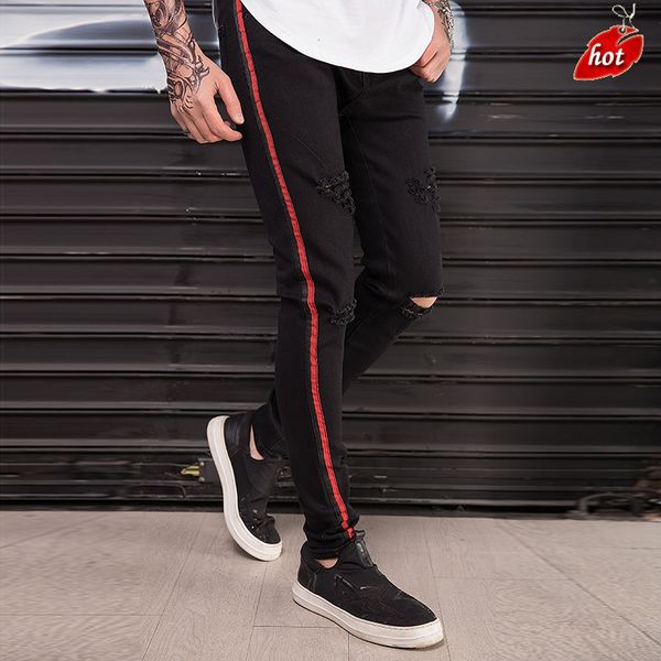 

skinny stretch jeans men high street male ripped biker jeans distressed slim stripe keen hole ankle length black o8r2, Blue