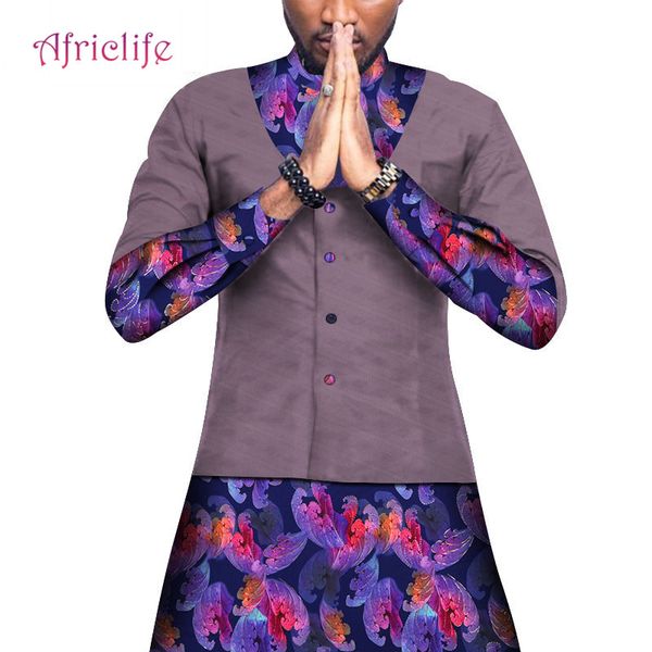 

men african clothing dashiki men shirt bazin riche african clothes 100% cotton print patchwork button long shirt wyn648, Red