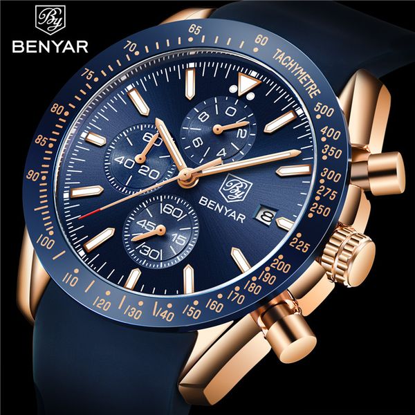

relogio masculino benyar men watch blue chronograph sport male clock rubber strap quartz wristwatch, Slivery;brown