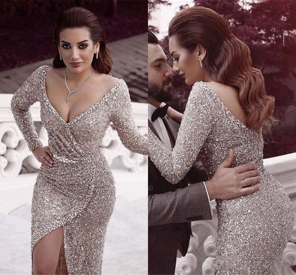 

2020 new gorgeous saudi arabic silver evening dresses v neck long sleeve sequined sheath long vestidos prom party gowns, Black;red