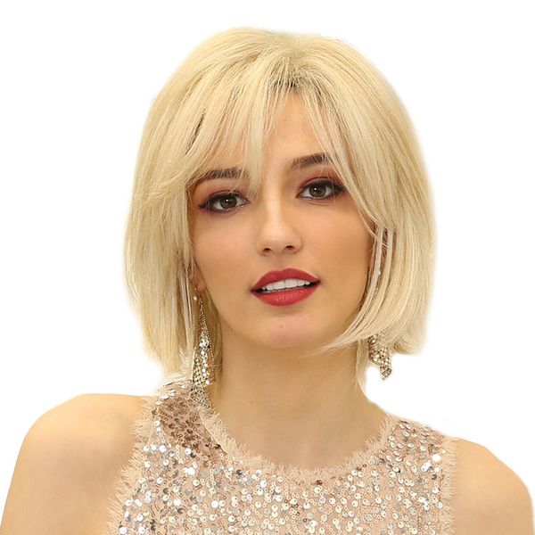 

women light blonde short bob wig human hair side part fluffy wig w/ bang 12, Black