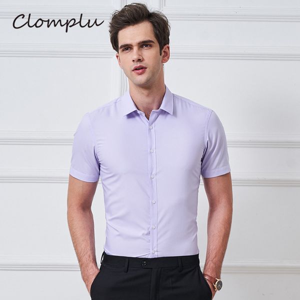 

clomplu purple shirt social formal dress shirt solid clothing for men short sleeve shirts summer slim fit, White;black