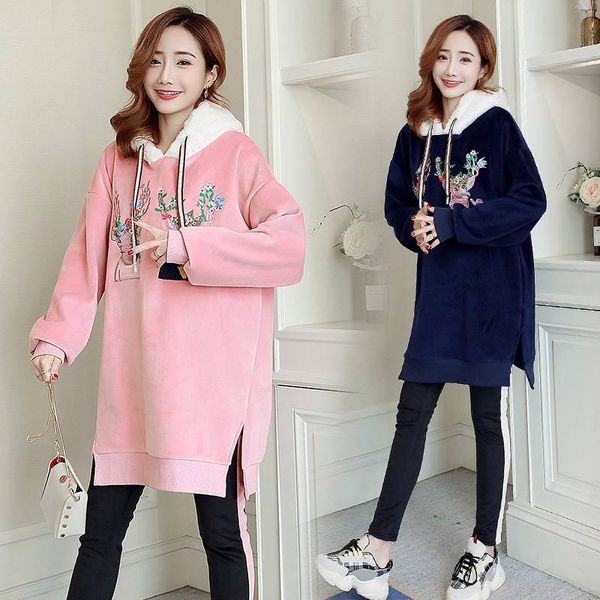 

2019 new winter korean fashion warm maternity dress water velvet deer embroidery sweater, White