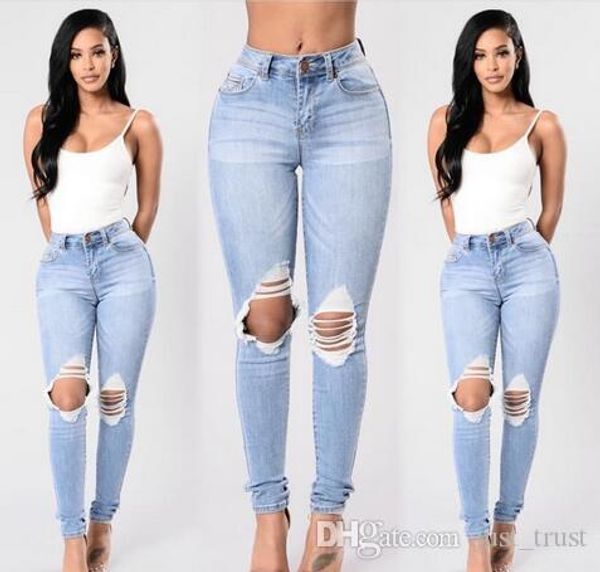 

casual large size lady long ripped jeans patchwork distressed hole pencil elastic jean trousers straight biker skinny ripped pantalons, Blue
