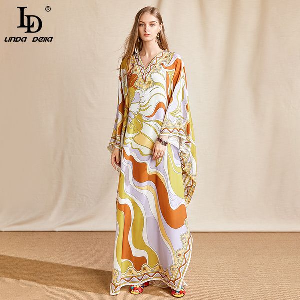 

ld linda della summer fashion designer plus size long dress women v neck batwing sleeve printed chiffon loose maxi dress, Black;gray