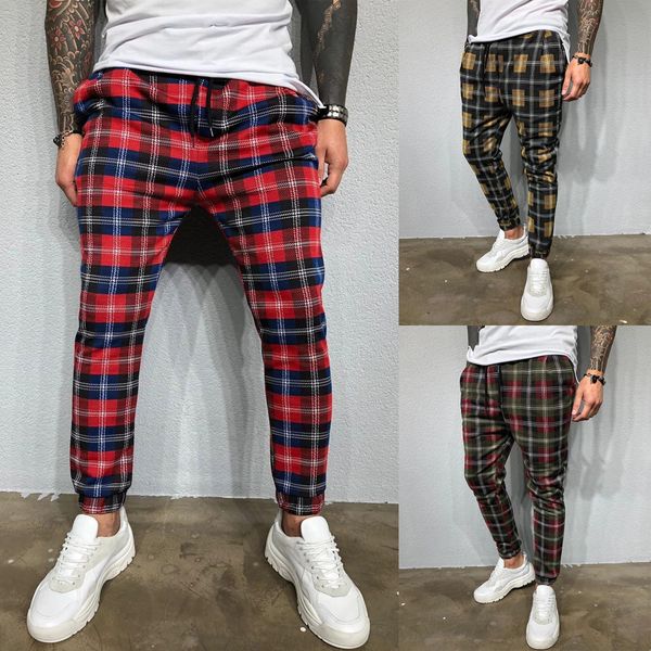 

Fashion Casual Mens Plaid Pants Men's Drawstring Long Trousers Slim Fit Check Joggers Bottoms Pencil Pants Autumn Sport Pants