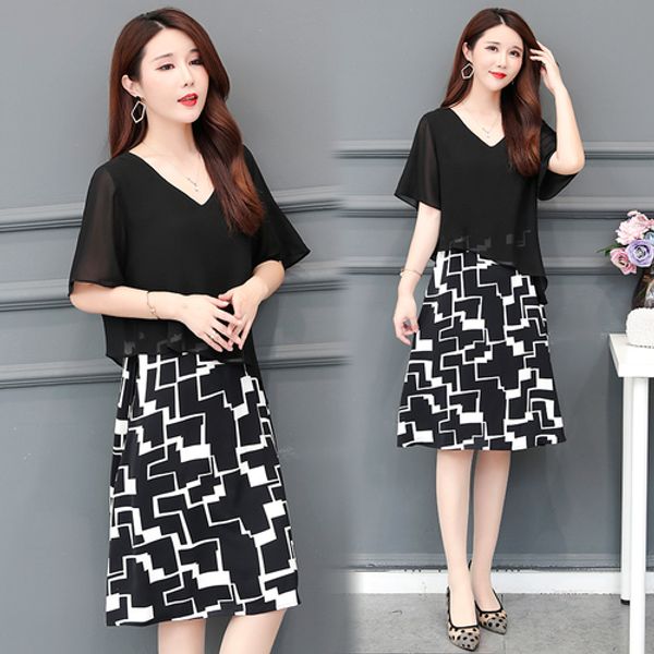 

office lady a-line geometric summer dresses mesh patchwork chiffon midi dress elegant vestidos plus size loose robe femme, Black;gray