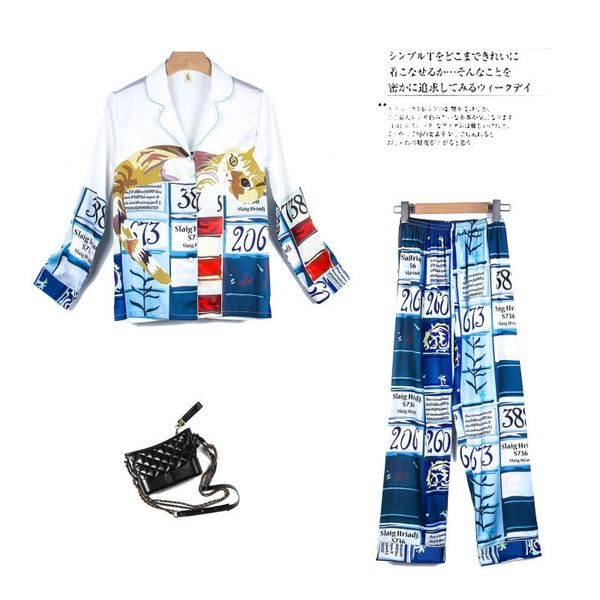 

feier cat prints graffiti 2 pieces pajamas set women long sleeves sleepwear shirt faux silk satin pijama korean autumn home wear, Black;red