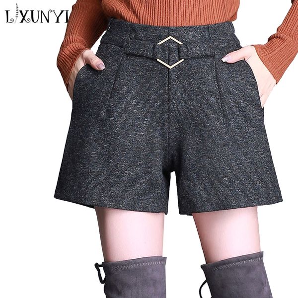 

lxunyi 2018 autumn woolen shorts women elastic waist high waist wide leg shorts female pockets office dark gray buttom, White;black
