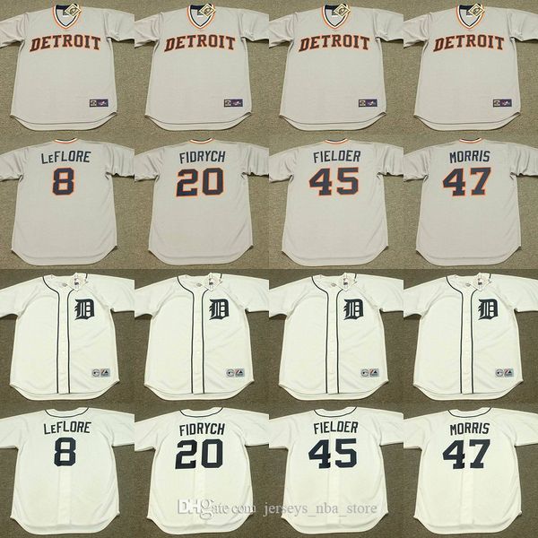 

detroit 8 ron leflore 20 mark fidrych 7 tom veryzer 45 cecil fielder 47 ack morris baseball jersey stitched, Blue;black